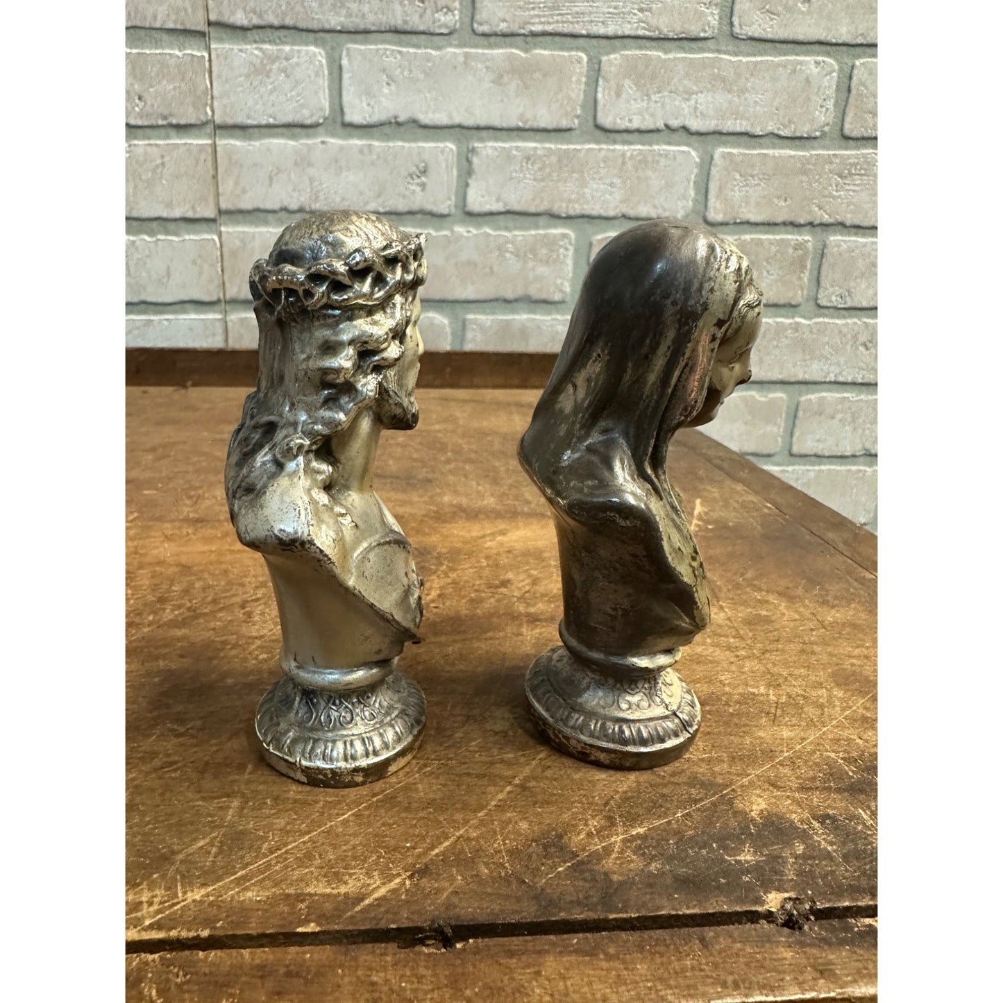 RARE ANTIQUE HEAVY SILVER PLATE METAL BUST OF JESUS & MARY JENNINGS BROS