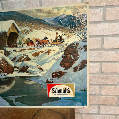 Vintage Schmidt Beer Philidelphia Winter Covered Bridge Scene Cardboard Sign 33"x22"