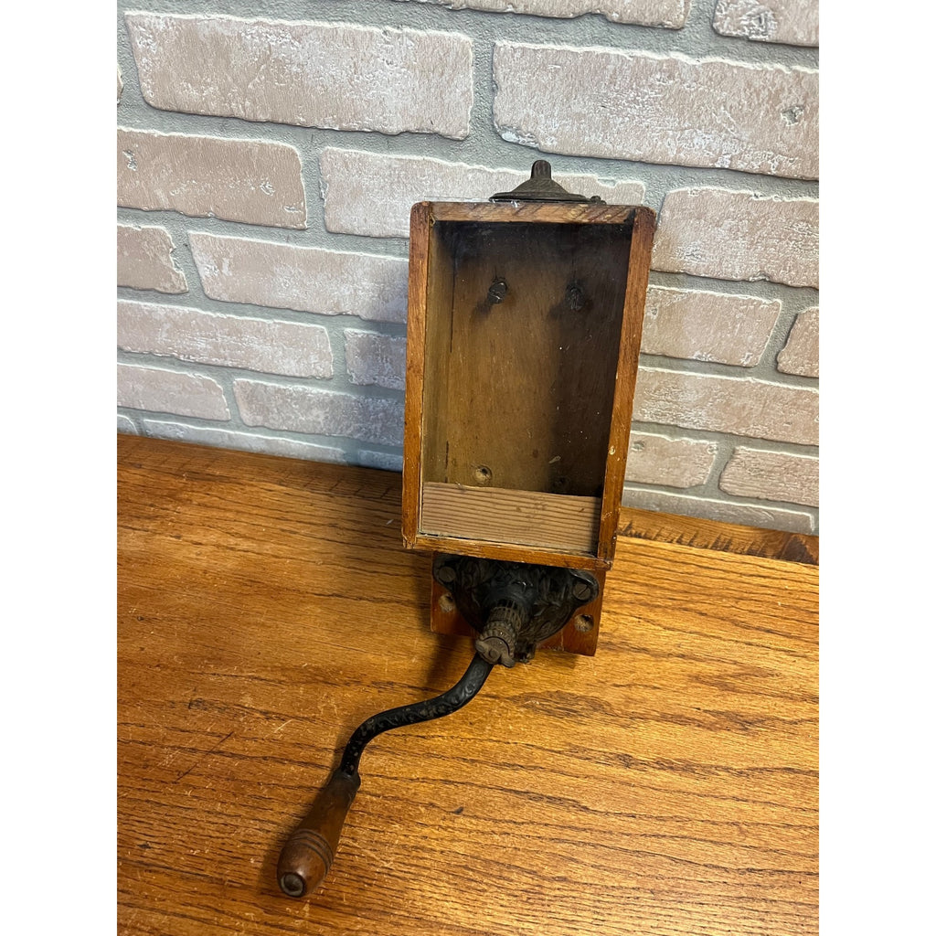 Antique Primitive Dovetailed Wooden Wall Hand Cranked Coffee Grinder Farmhouse