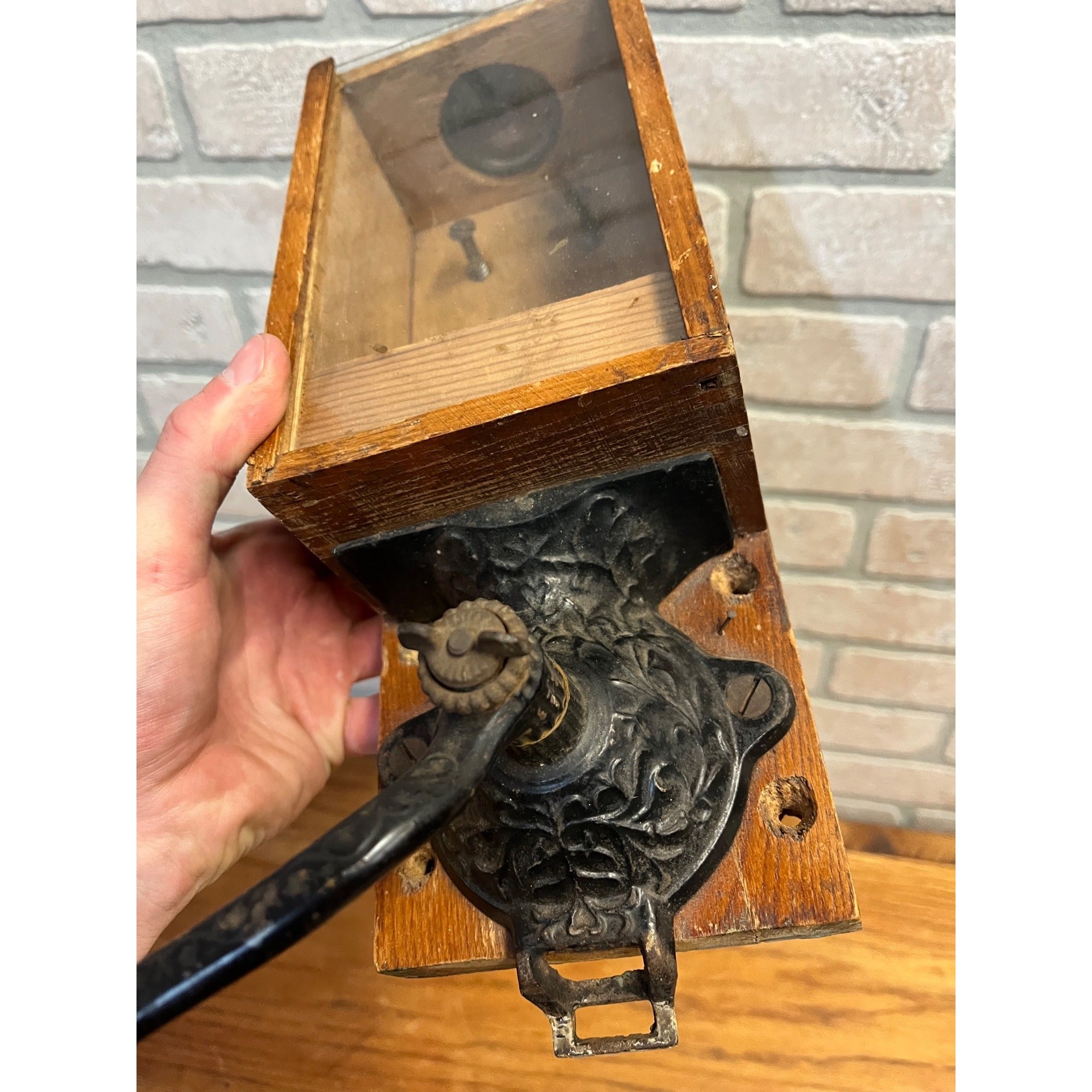 Antique Primitive Dovetailed Wooden Wall Hand Cranked Coffee Grinder Farmhouse