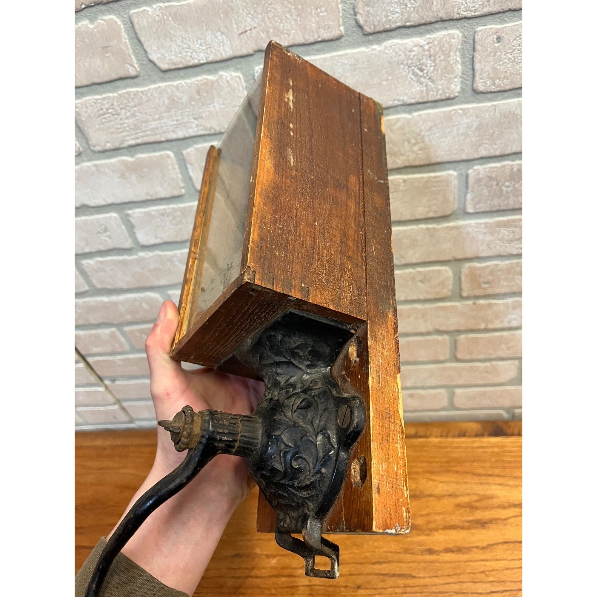 Antique Primitive Dovetailed Wooden Wall Hand Cranked Coffee Grinder Farmhouse