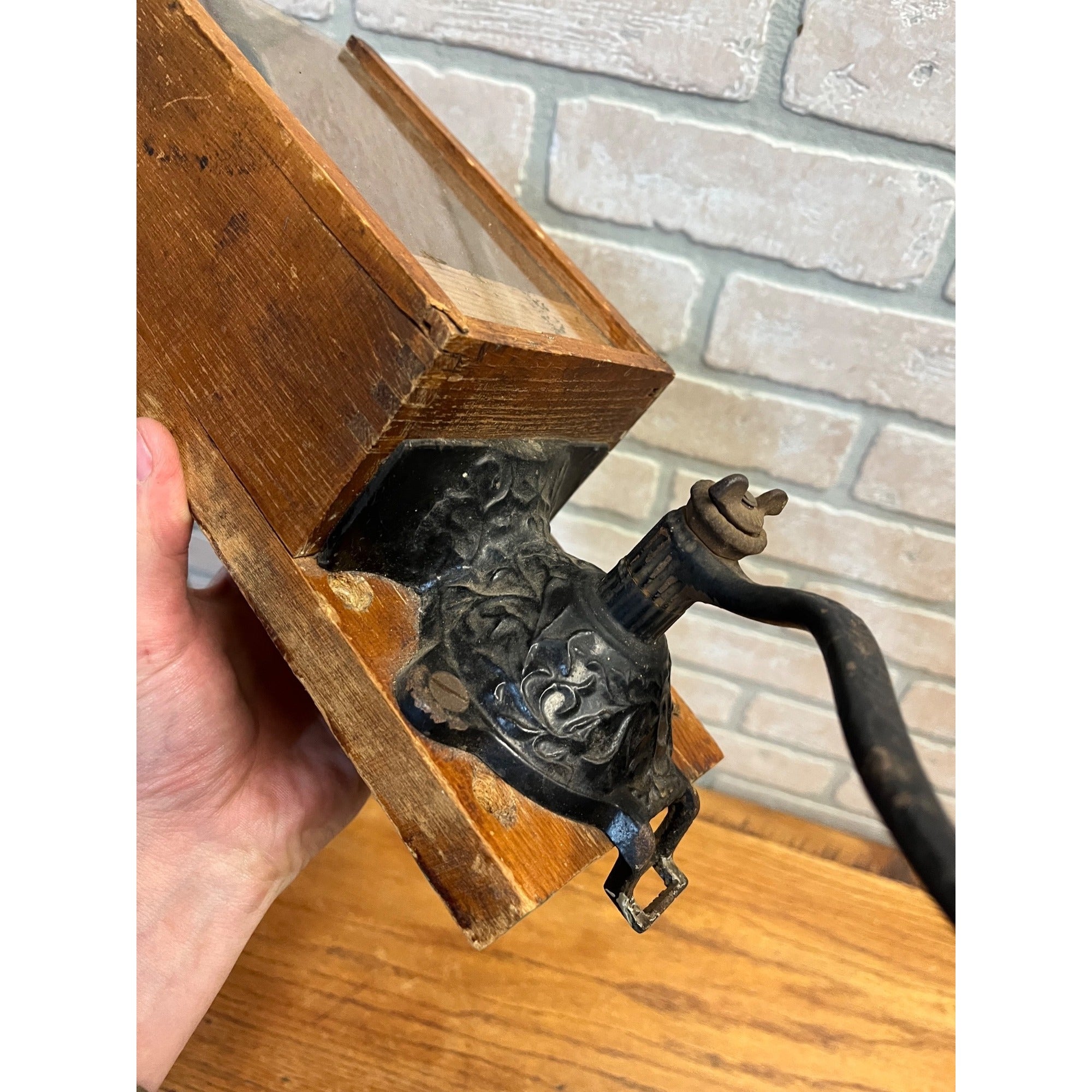 Antique Primitive Dovetailed Wooden Wall Hand Cranked Coffee Grinder Farmhouse