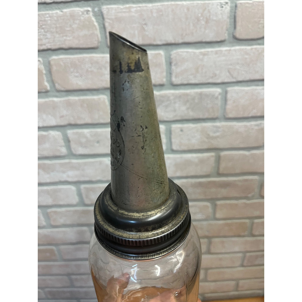 Vintage The Master Glass Oil Jar With Original Metal Pour Spout MFG Co. Litchfield, Illinois 1926