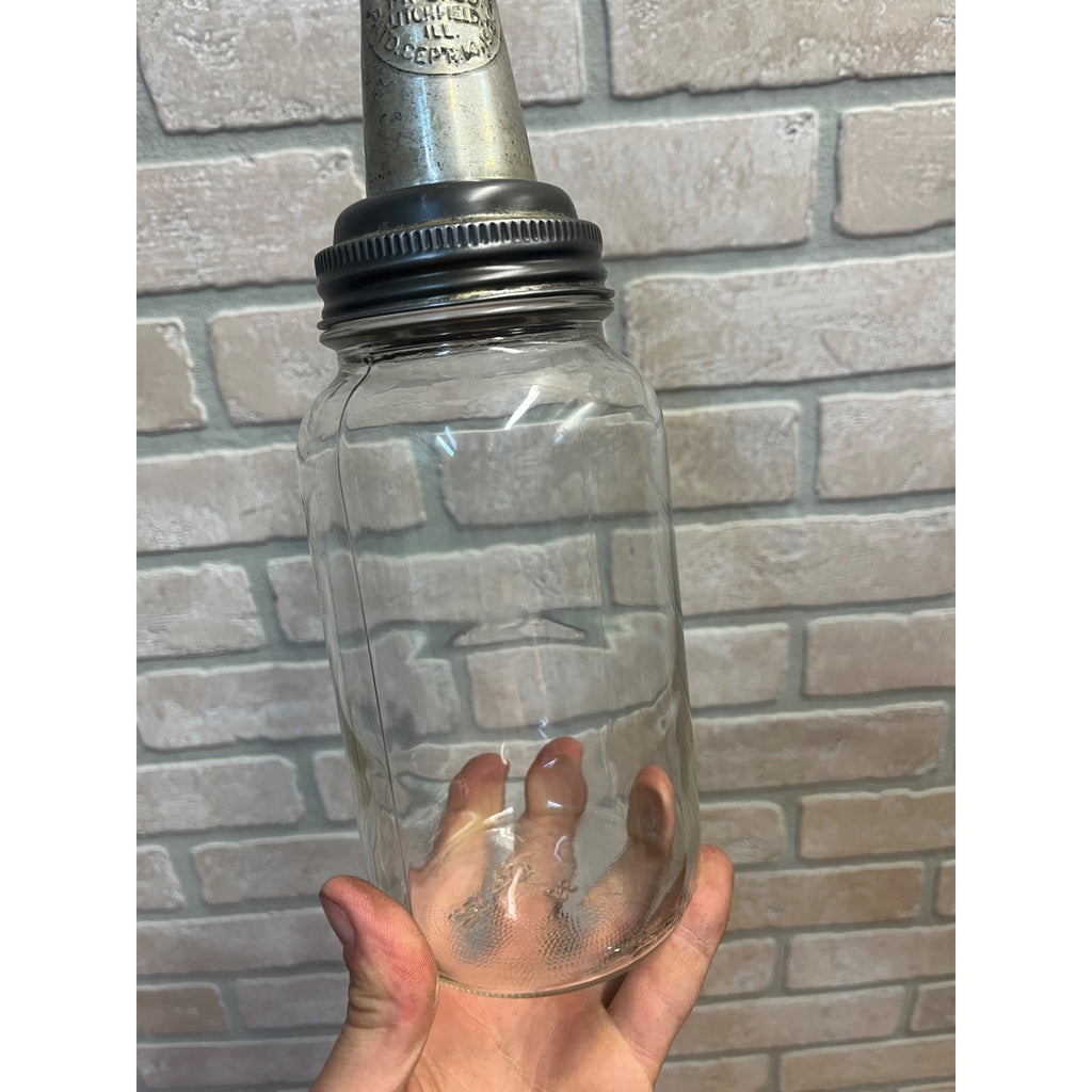 Vintage The Master Glass Oil Jar With Original Metal Pour Spout MFG Co. Litchfield, Illinois 1926