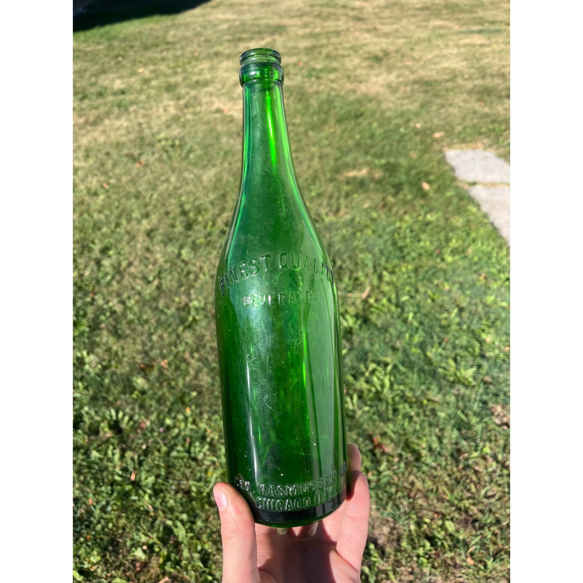 Vintage 1920s Geo. Rasmussen Co. Chicago, IL Quality Glass Soda Bottle Quart