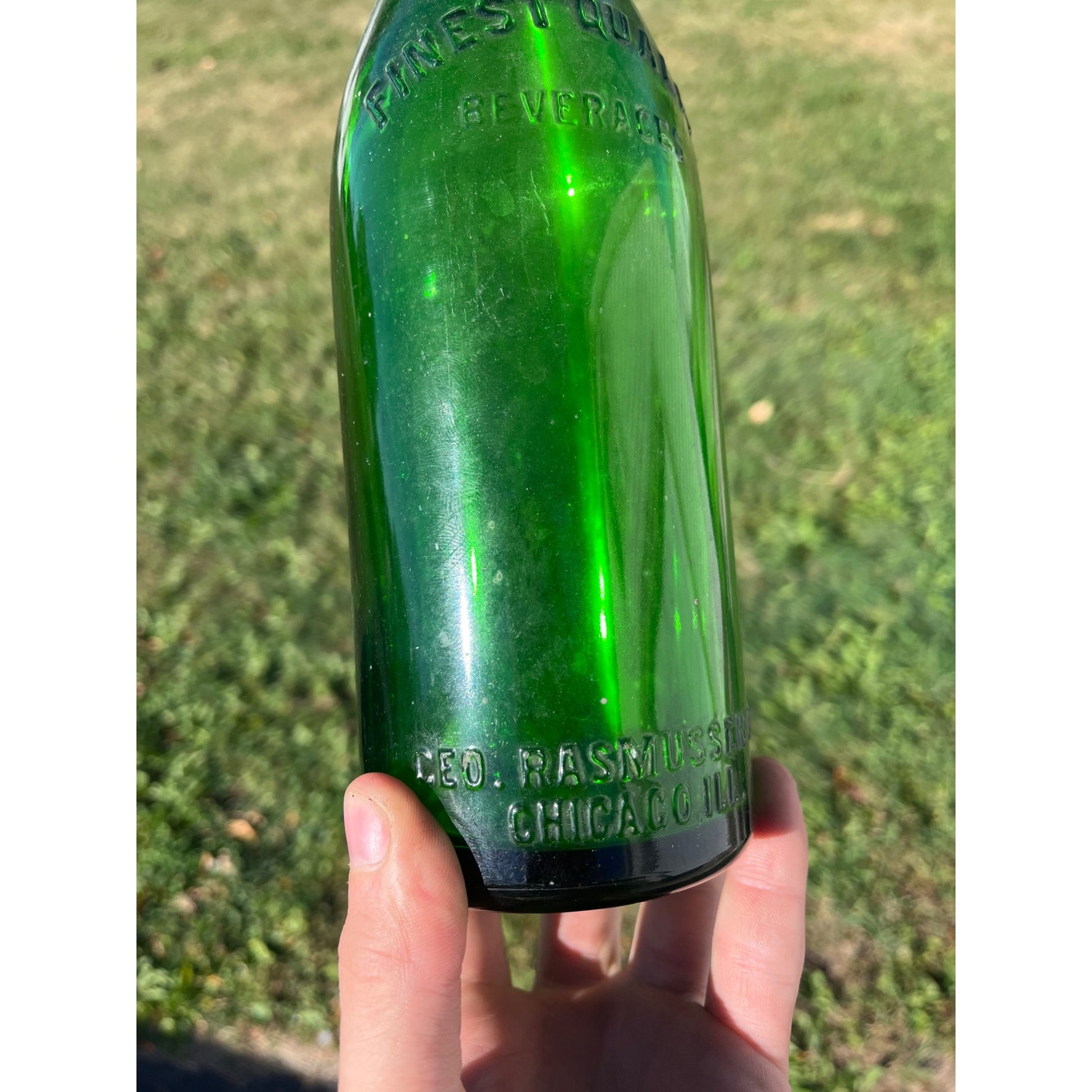 Vintage 1920s Geo. Rasmussen Co. Chicago, IL Quality Glass Soda Bottle Quart