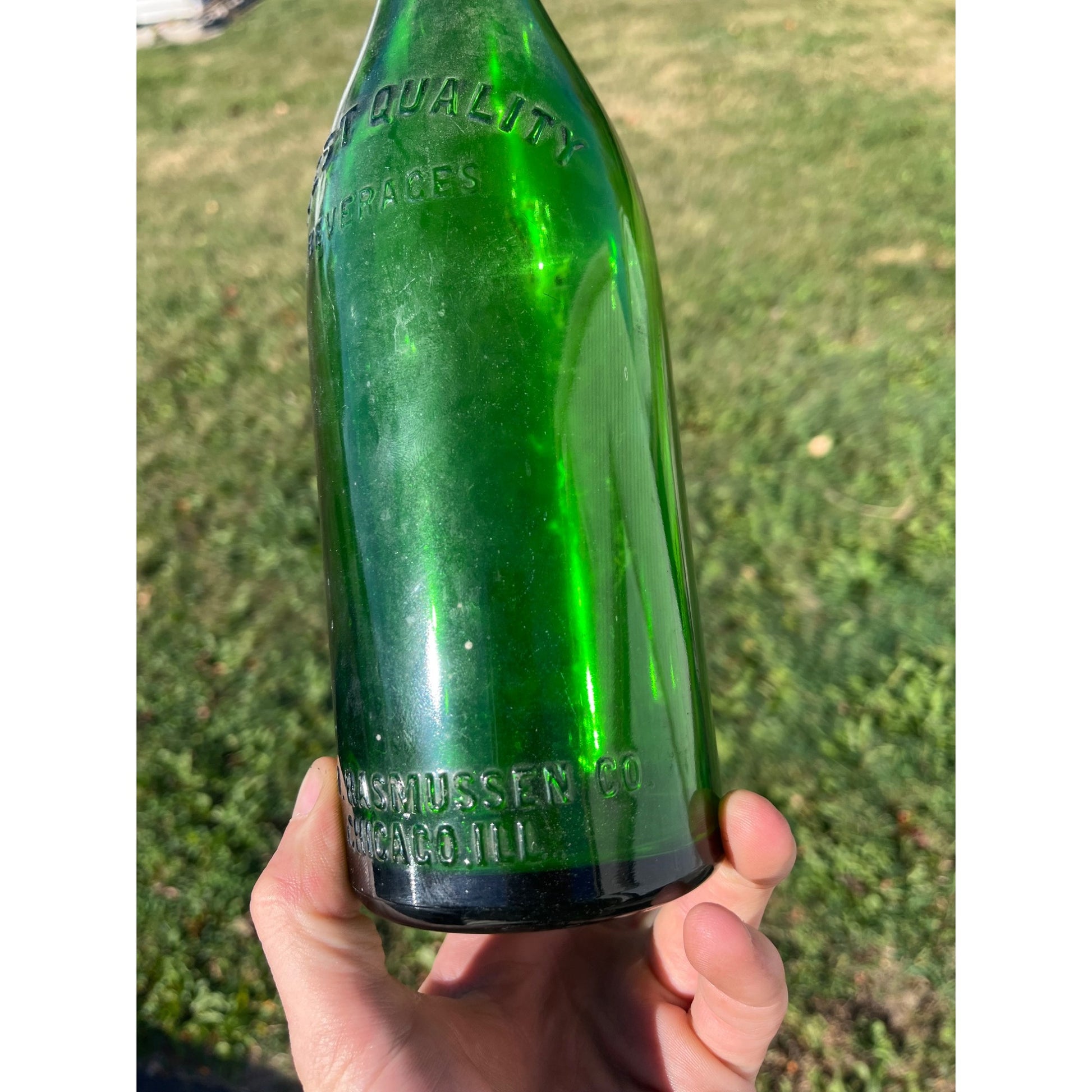 Vintage 1920s Geo. Rasmussen Co. Chicago, IL Quality Glass Soda Bottle Quart
