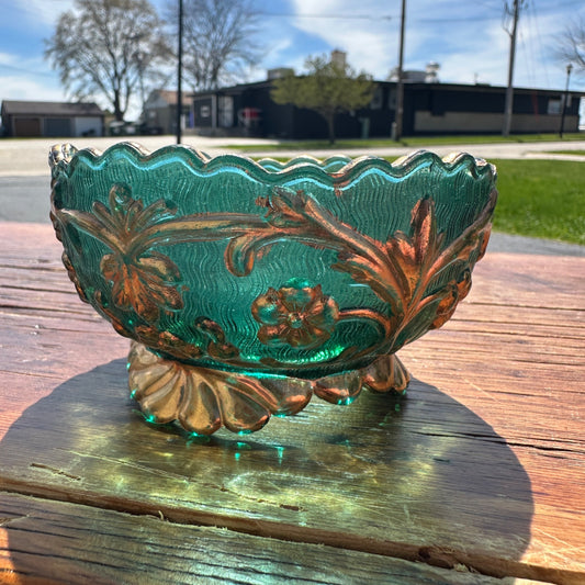 Vintage Aqua Green & Gold Ornate Sugar Bowl Dish Floral - Northwoods?