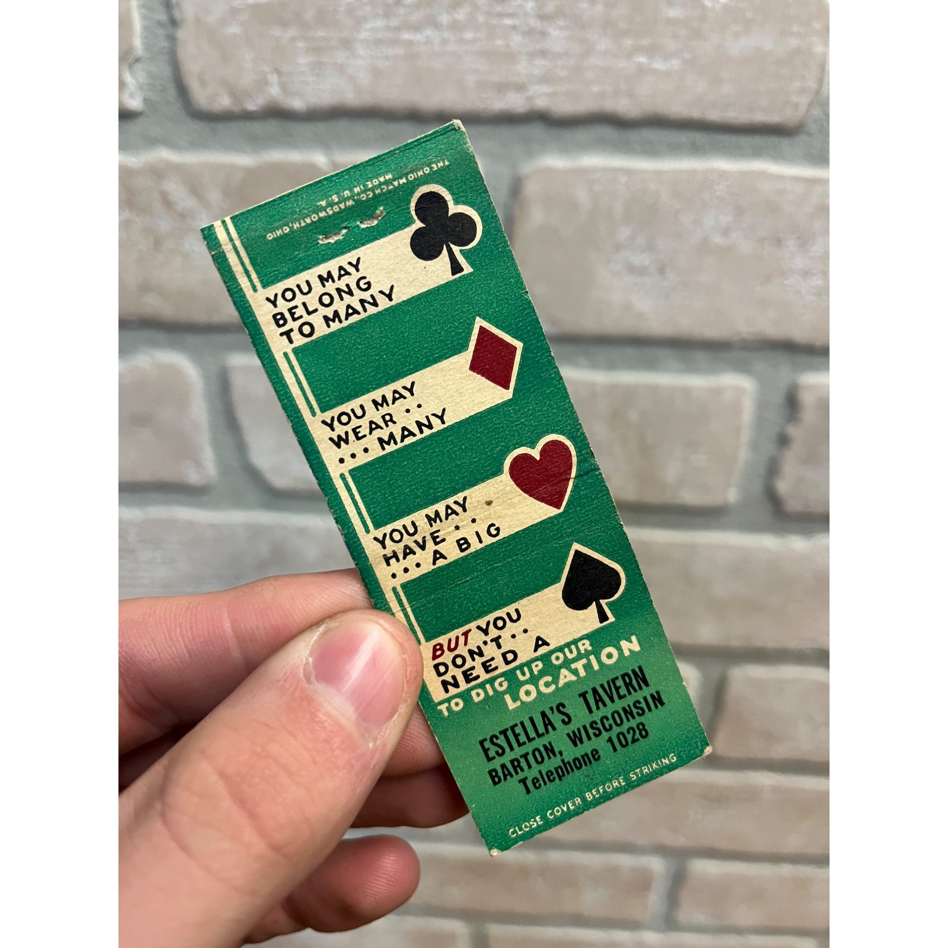 Vintage Estella's Tavern Bar Barton Wisconsin Matchbook Flat Wis WI