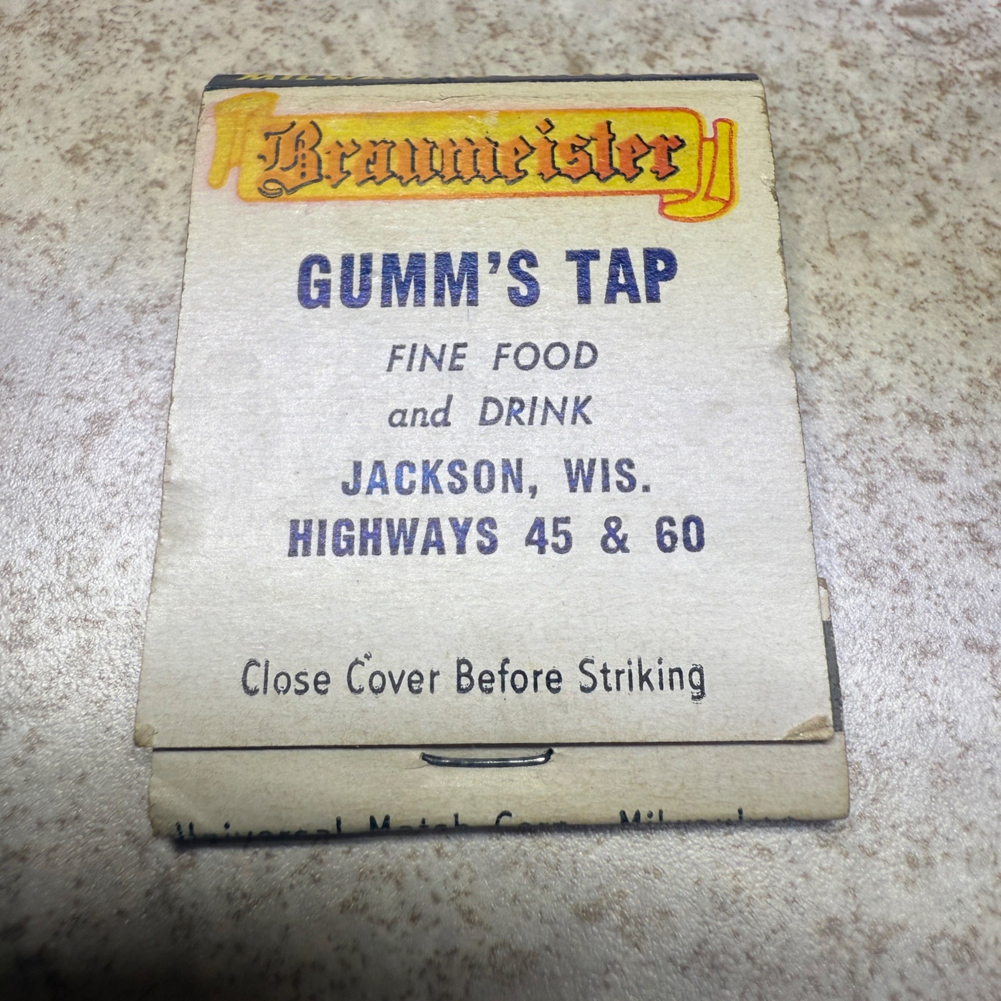 Vintage Matchbook Braumeister Beer Milwaukee Wis Gumms Tap Jackson Wis