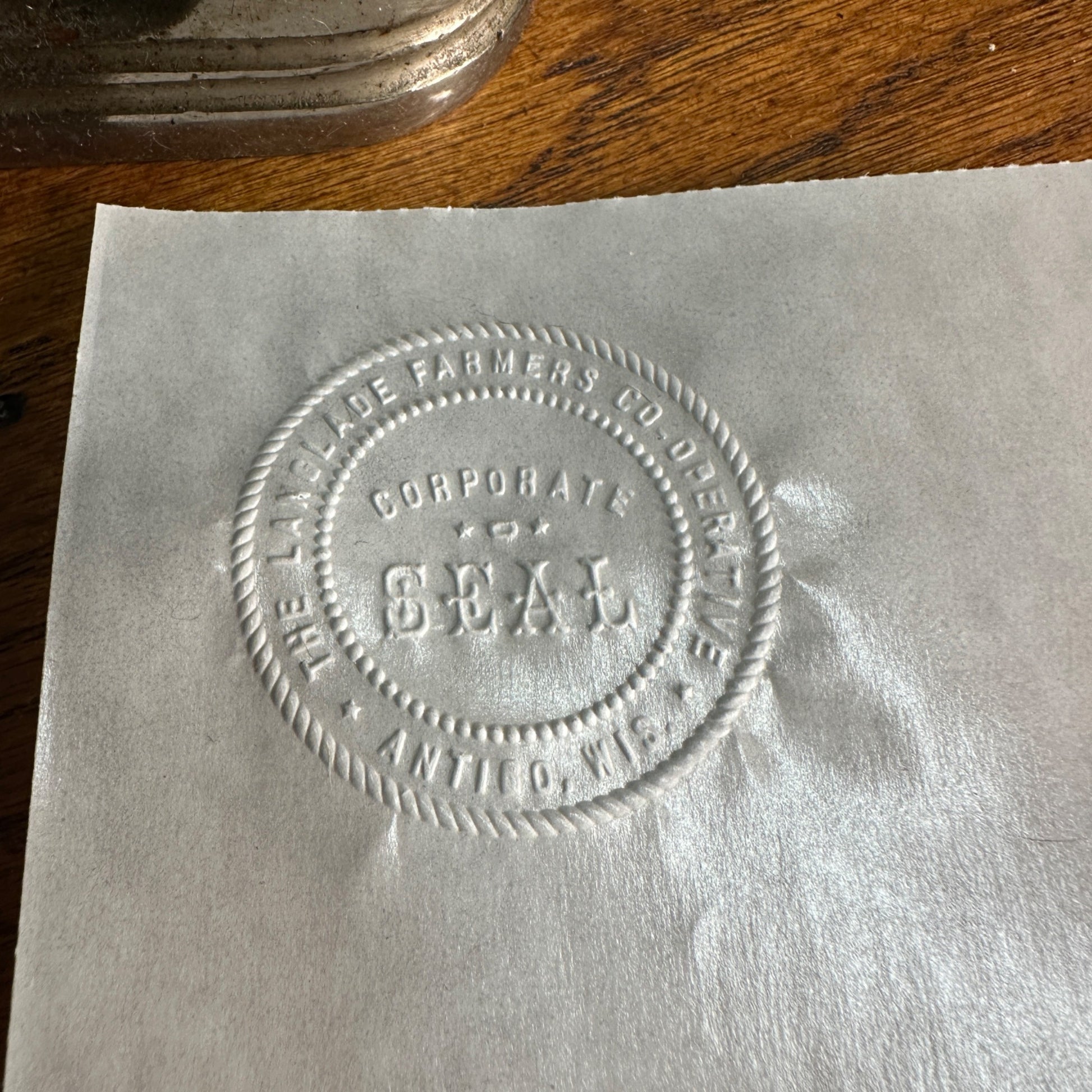 Vintage Steel Iron Notary Stamp Seal - Langlade Farmers Co-op Wisconsin