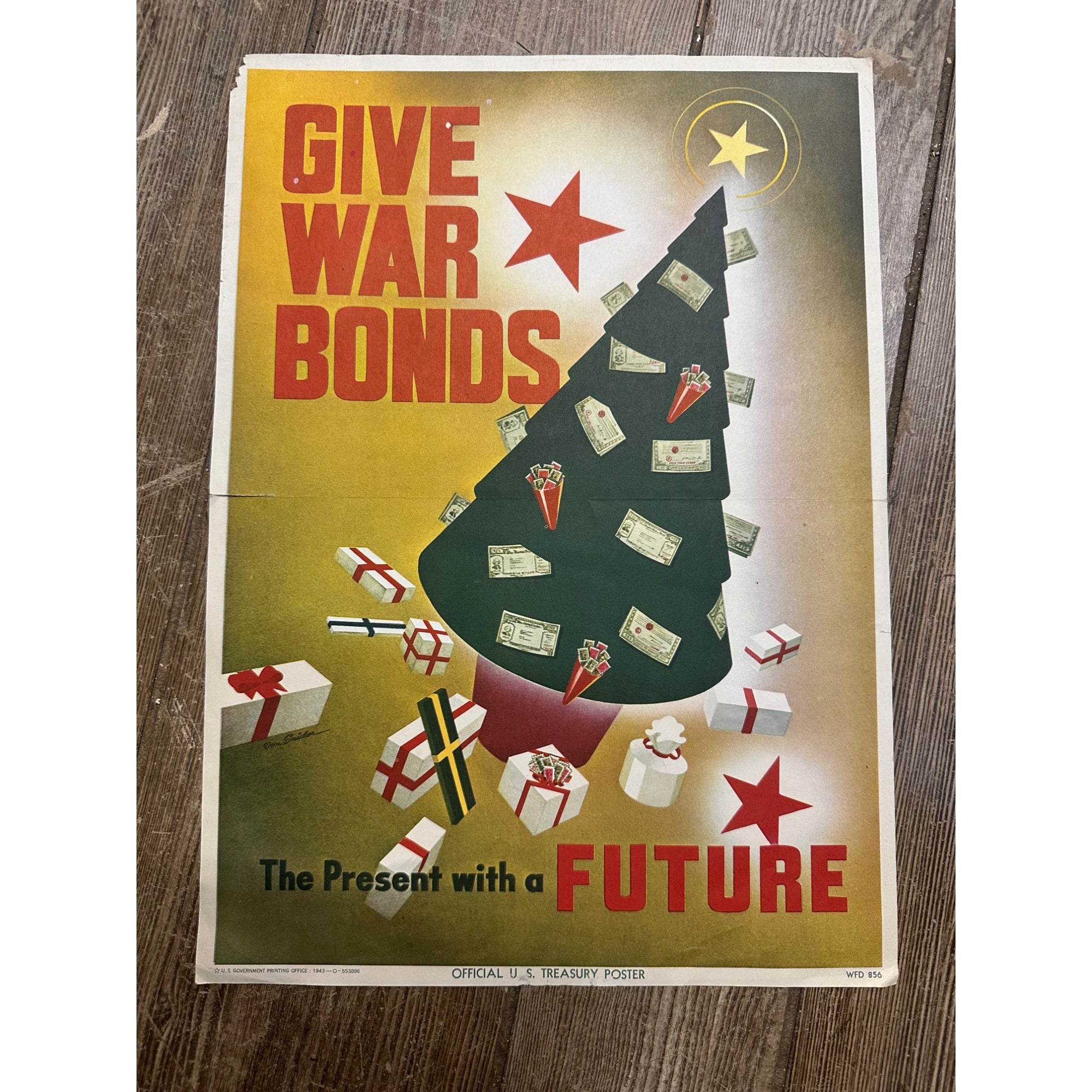 Original World War II Poster -  Give War Bonds Christmas Tree Presents WWII 1943