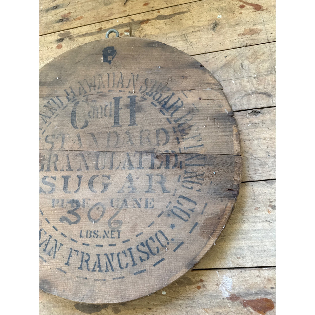 Antique California & Hawaiian Sugar Refinery Wood Barrel Lid Sign Advertising