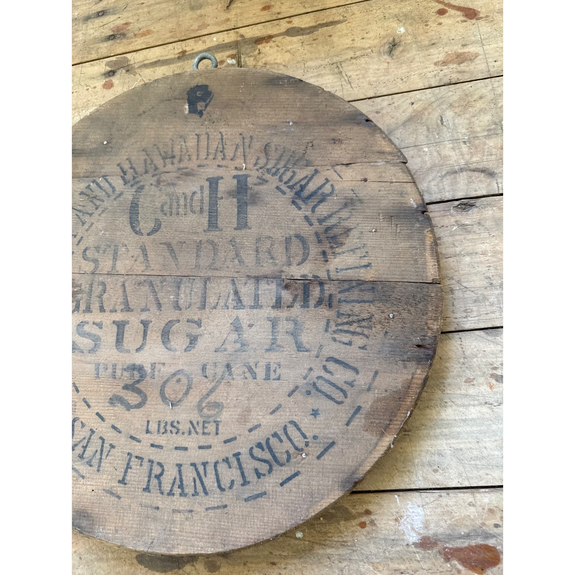Antique California & Hawaiian Sugar Refinery Wood Barrel Lid Sign Advertising