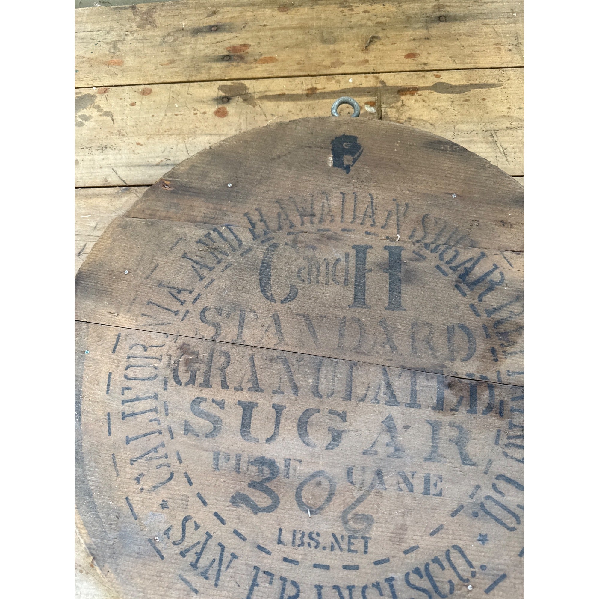 Antique California & Hawaiian Sugar Refinery Wood Barrel Lid Sign Advertising