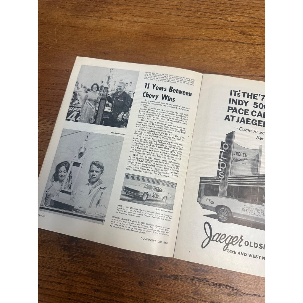 1972 Governor's Cup 250 Mile Race National Championship Souvenir Program Wisconsin