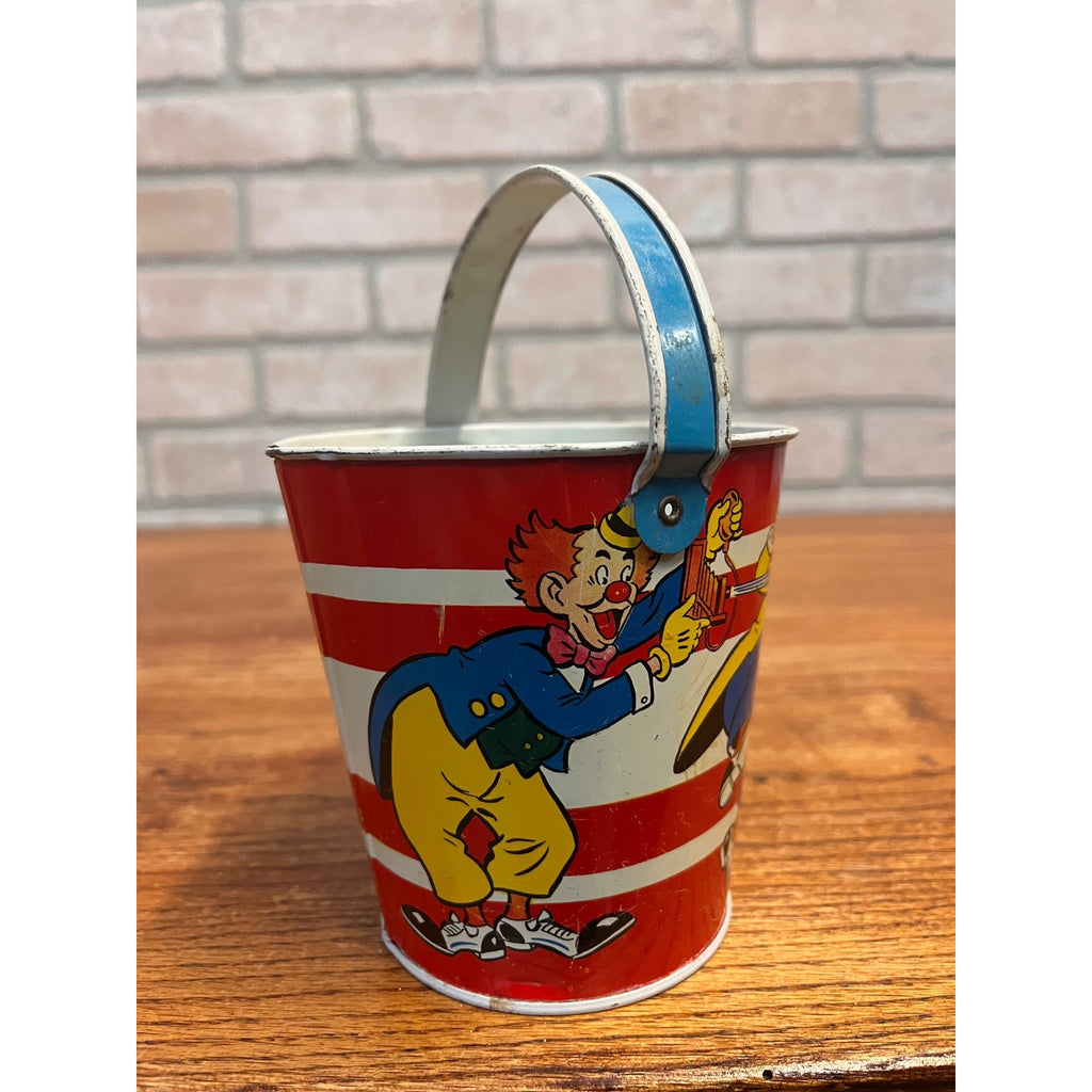Vintage Ohio Art Co. Tin Litho Child's Sand Pail Toy Small 4.25" Clowns