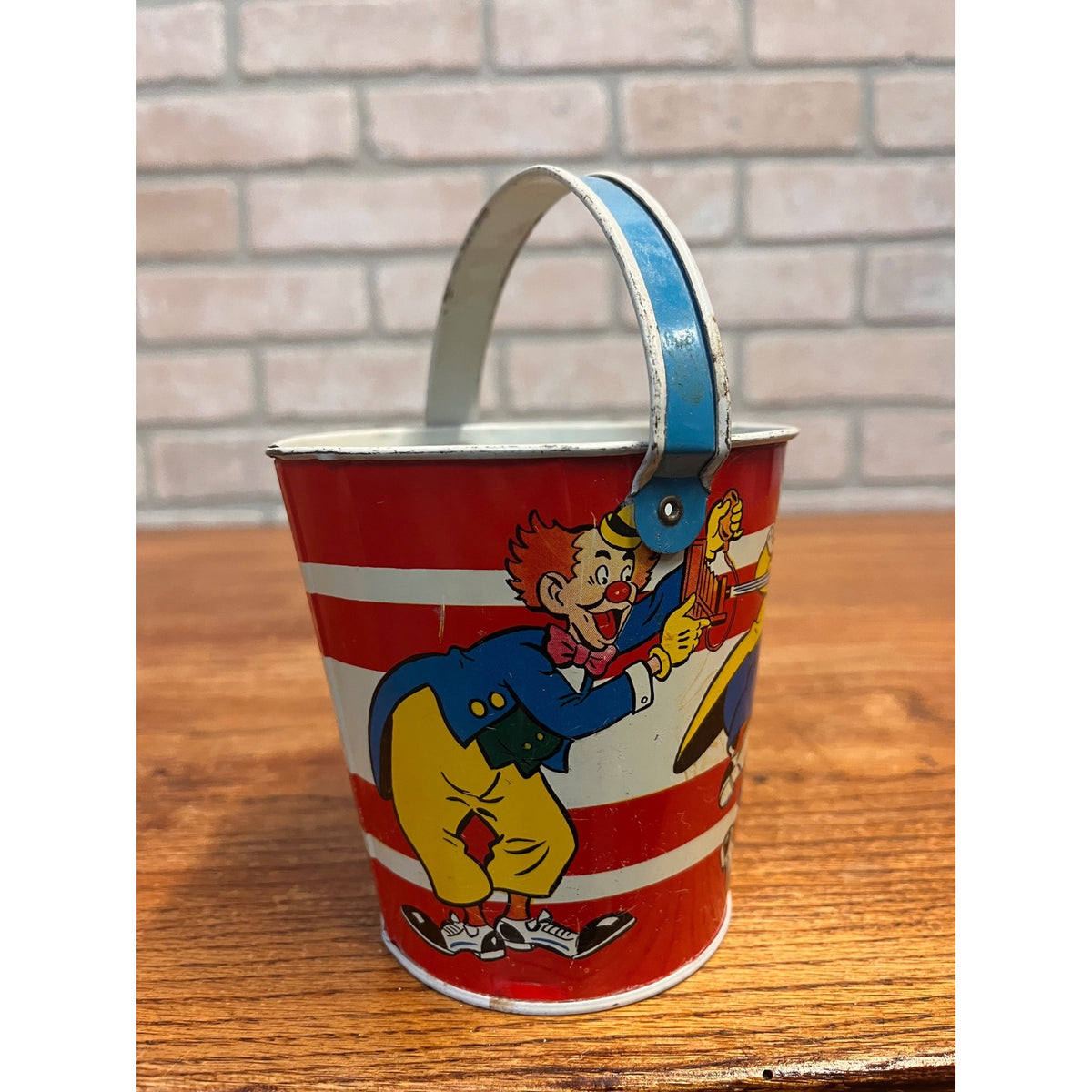 Vintage Ohio Art Co. Tin Litho Child's Sand Pail Toy Small 4.25" Clowns