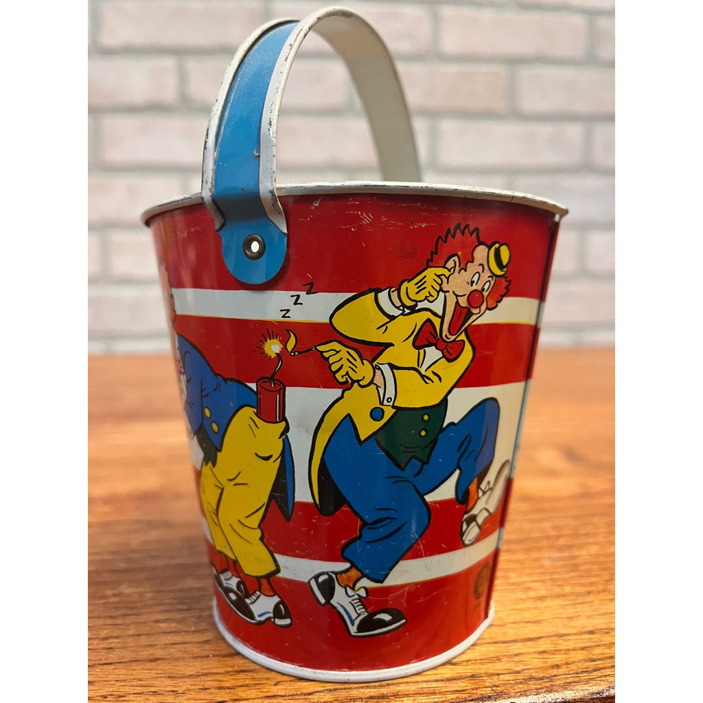 Vintage Ohio Art Co. Tin Litho Child's Sand Pail Toy Small 4.25" Clowns