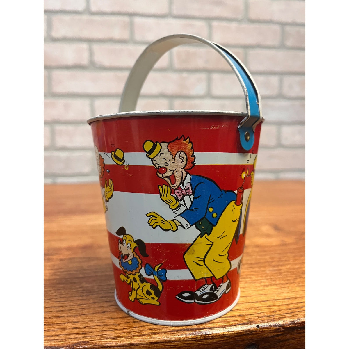 Vintage Ohio Art Co. Tin Litho Child's Sand Pail Toy Small 4.25" Clowns