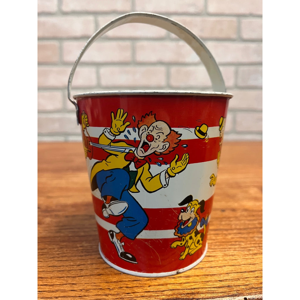 Vintage Ohio Art Co. Tin Litho Child's Sand Pail Toy Small 4.25" Clowns