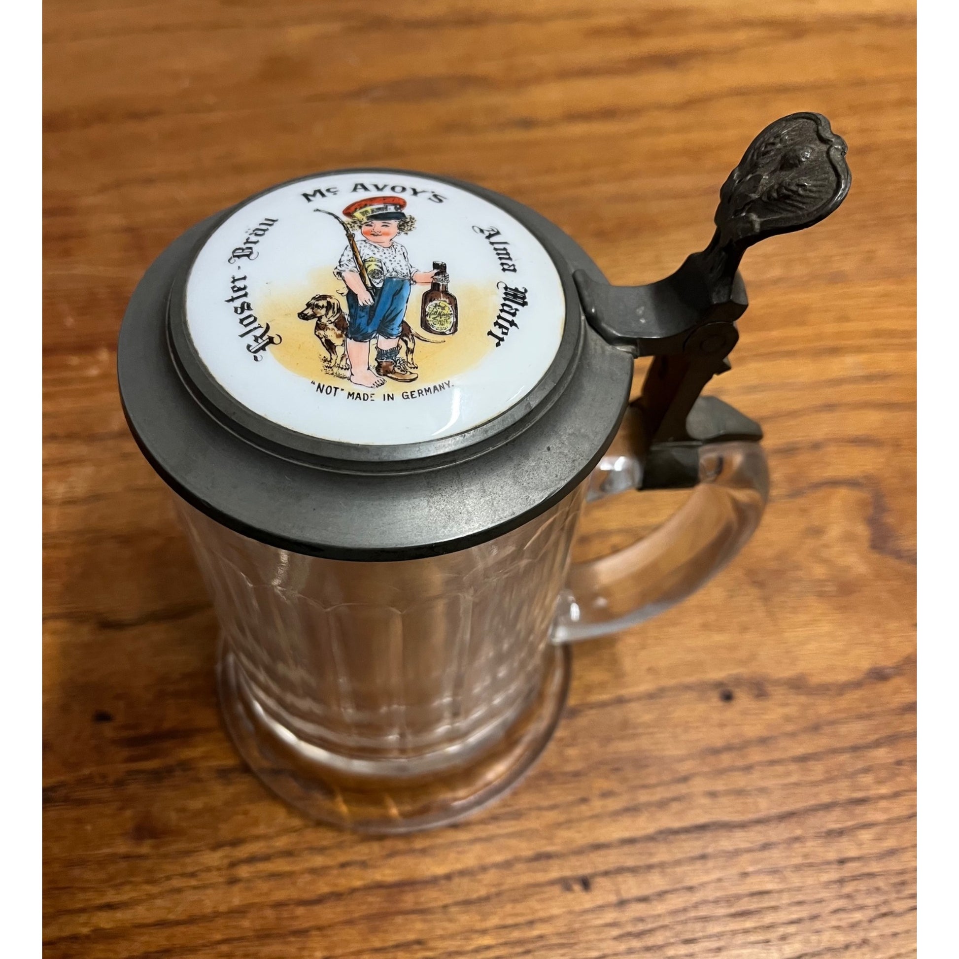 Pre-Prohibition McAvoy's Kloster Brau Alma Mater Glass Advertising Beer Stein Chicago