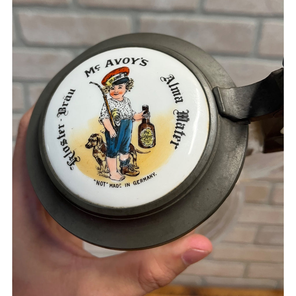 Pre-Prohibition McAvoy's Kloster Brau Alma Mater Glass Advertising Beer Stein Chicago