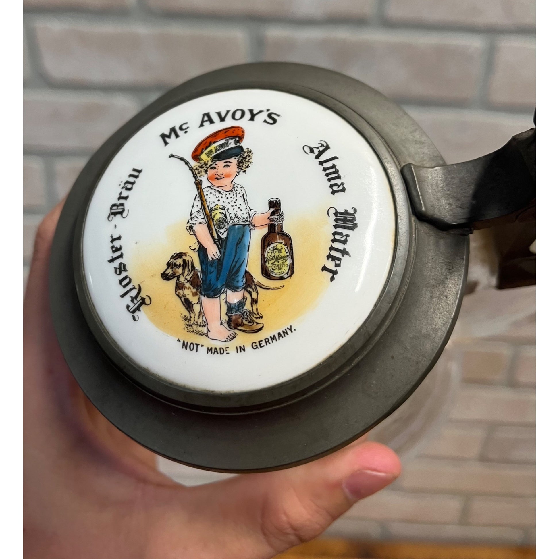 Pre-Prohibition McAvoy's Kloster Brau Alma Mater Glass Advertising Beer Stein Chicago