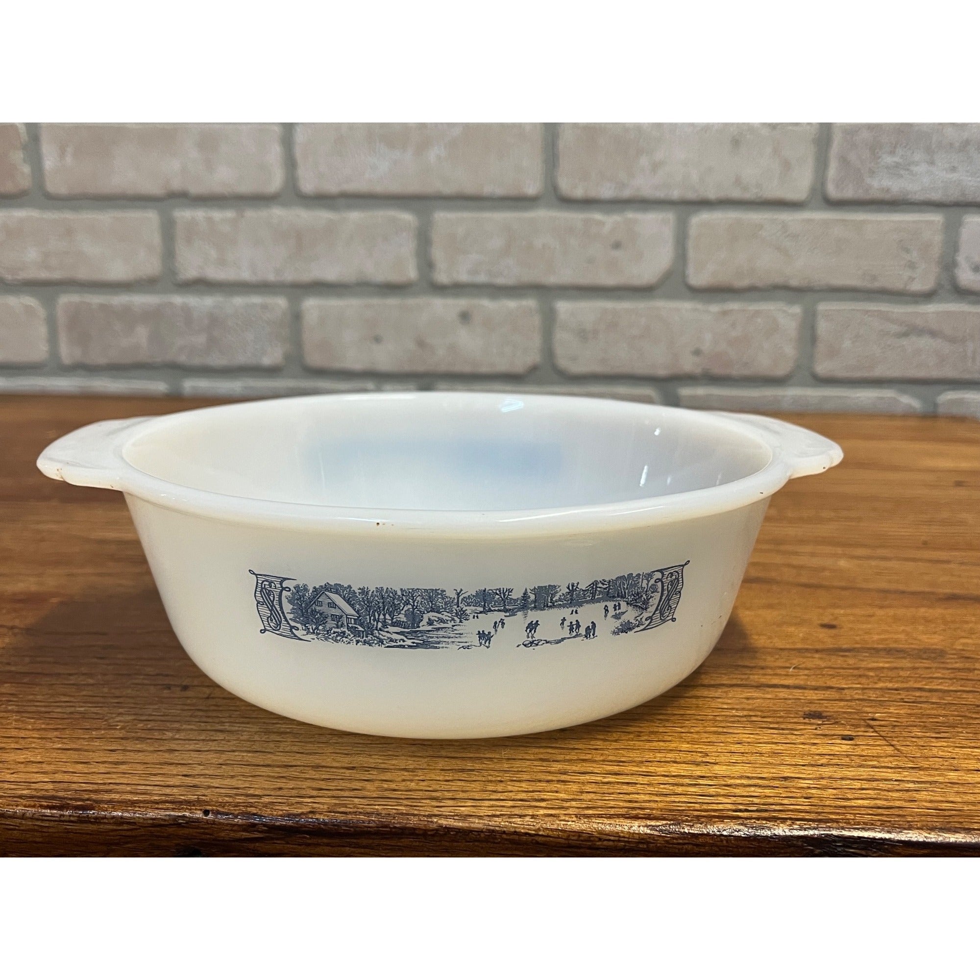 Vintage Currier & Ives Round Baking Dish Winter Ice Skating Scene Glasbake USA Milk Glass Ovenware Casserole