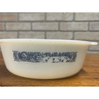 Vintage Currier & Ives Round Baking Dish Winter Ice Skating Scene Glasbake USA Milk Glass Ovenware Casserole