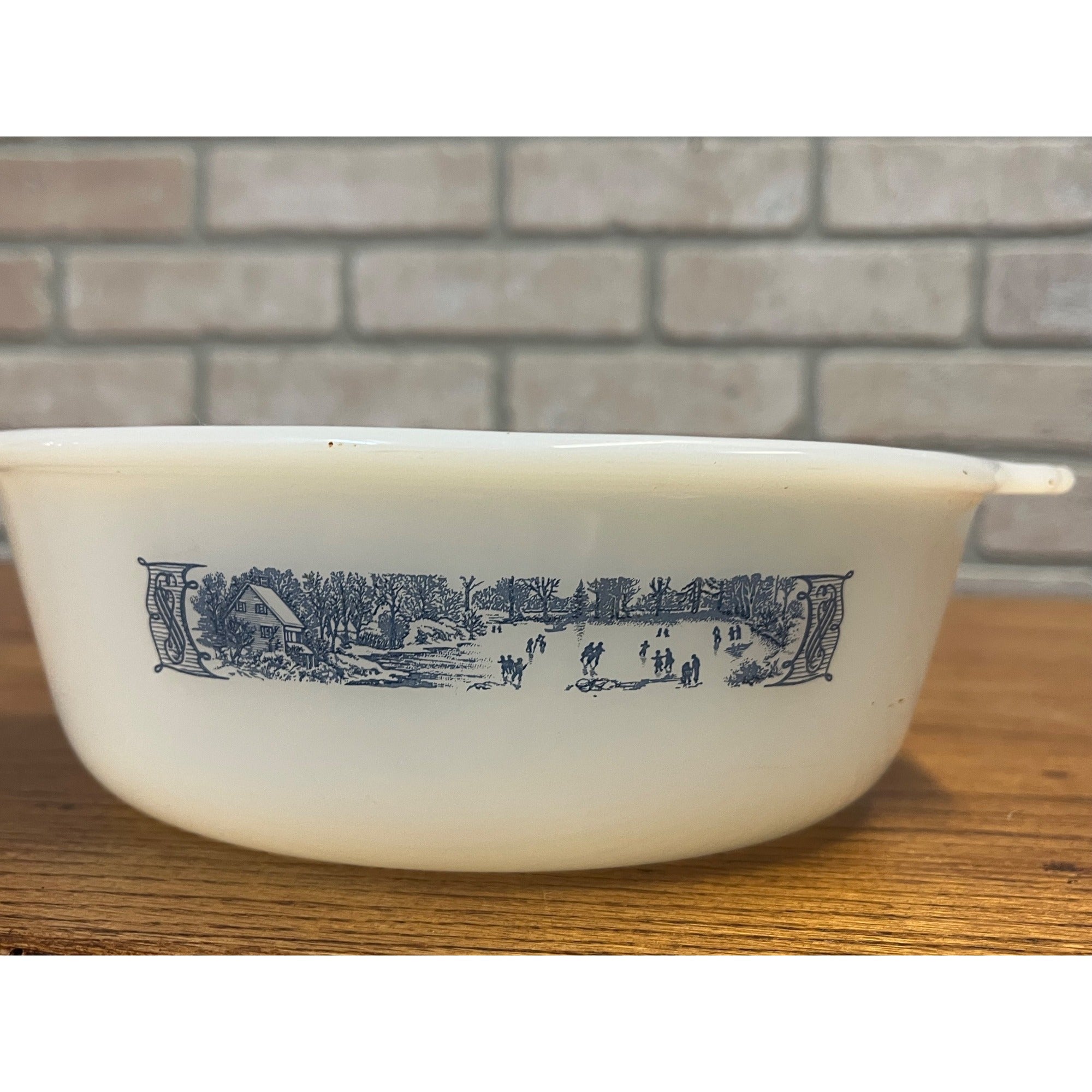 Vintage Currier & Ives Round Baking Dish Winter Ice Skating Scene Glasbake USA Milk Glass Ovenware Casserole