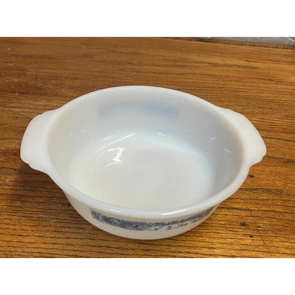 Vintage Currier & Ives Round Baking Dish Winter Ice Skating Scene Glasbake USA Milk Glass Ovenware Casserole