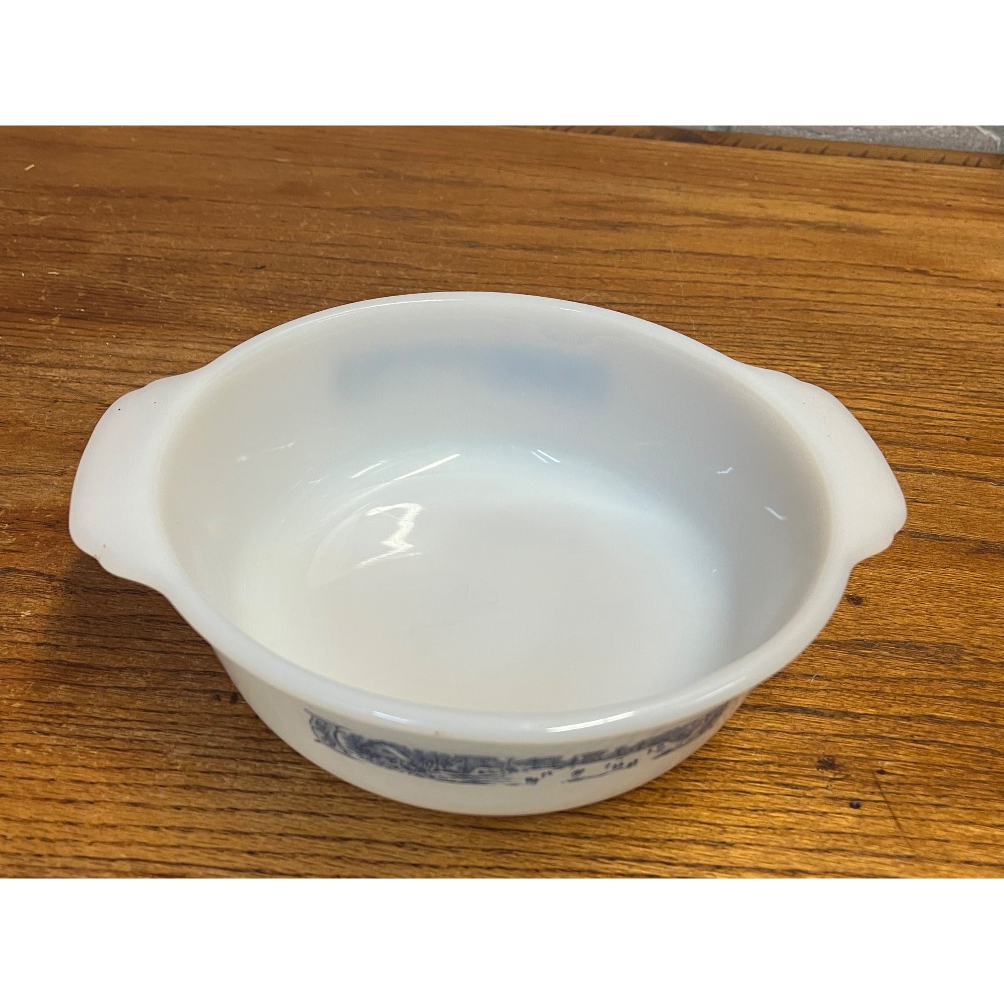 Vintage Currier & Ives Round Baking Dish Winter Ice Skating Scene Glasbake USA Milk Glass Ovenware Casserole