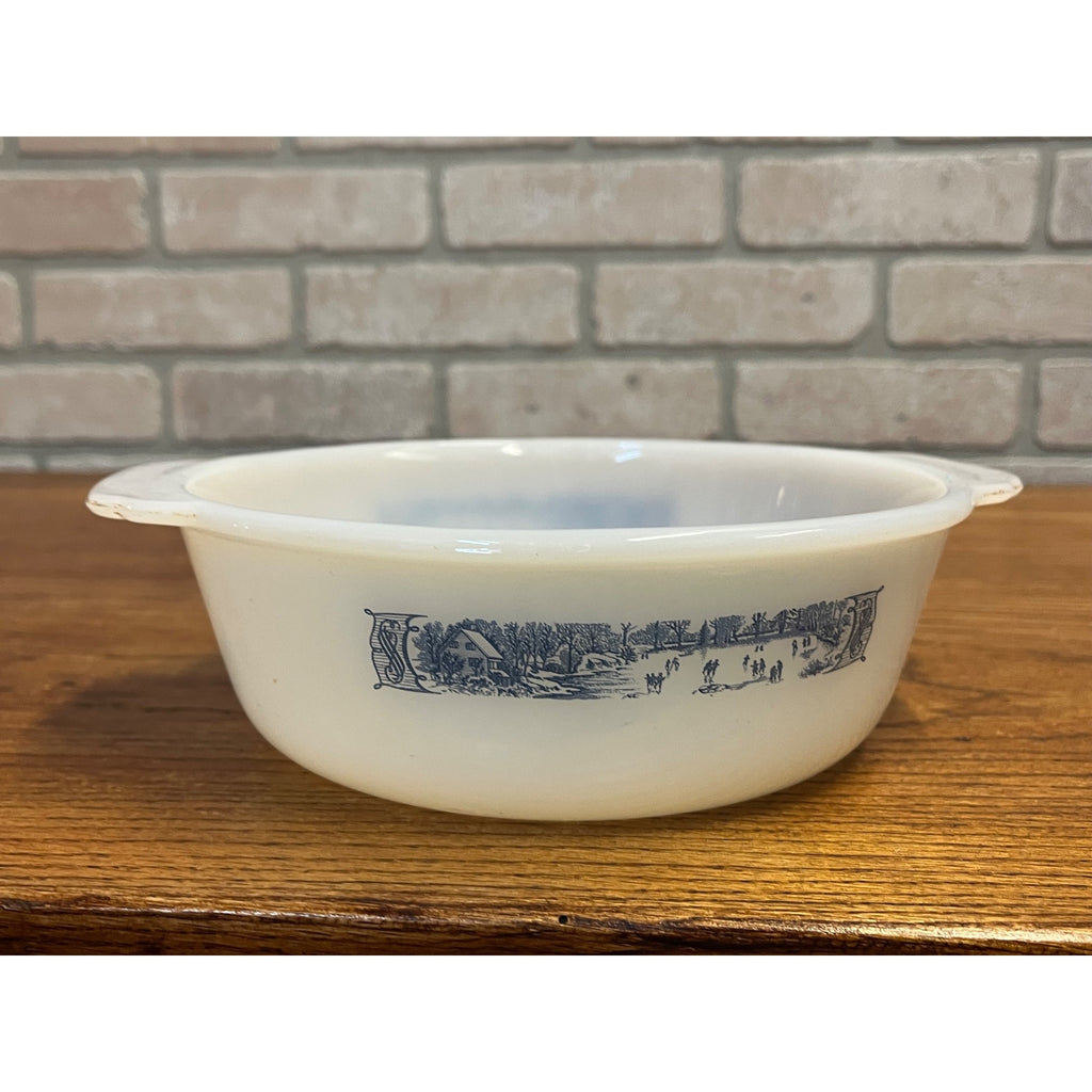 Vintage Currier & Ives Round Baking Dish Winter Ice Skating Scene Glasbake USA Milk Glass Ovenware Casserole
