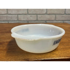 Vintage Currier & Ives Round Baking Dish Winter Ice Skating Scene Glasbake USA Milk Glass Ovenware Casserole