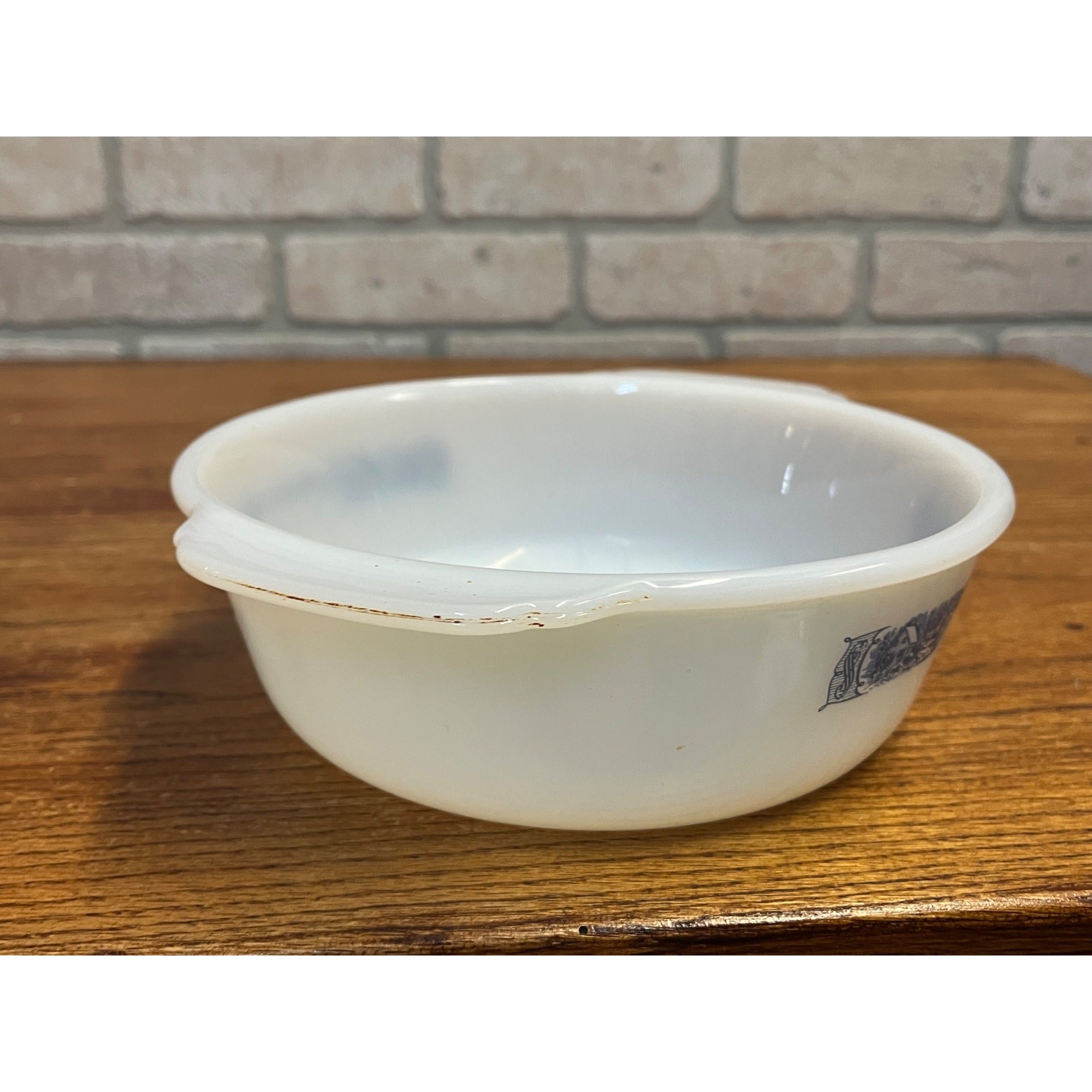 Vintage Currier & Ives Round Baking Dish Winter Ice Skating Scene Glasbake USA Milk Glass Ovenware Casserole