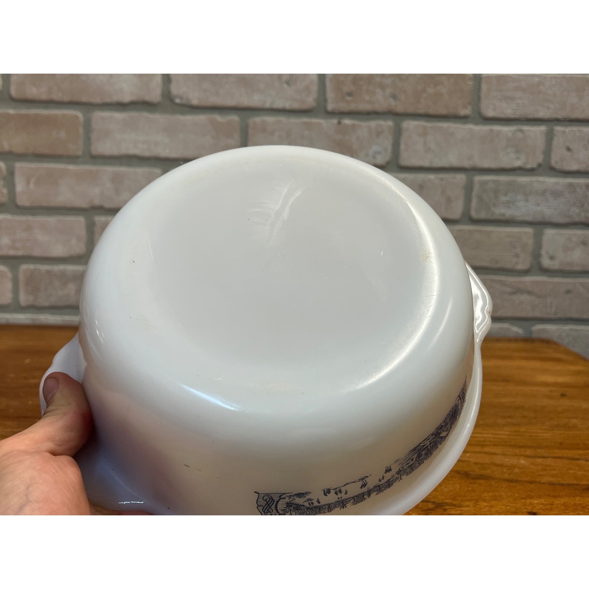 Vintage Currier & Ives Round Baking Dish Winter Ice Skating Scene Glasbake USA Milk Glass Ovenware Casserole