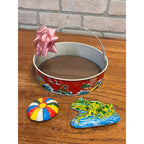 Vintage Ohio Art Tin Litho Toy Beach Set Sand Sifter + Frog & Beach Ball Mold
