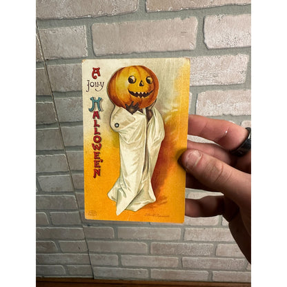 Vintage 1900s Halloween Ellen Clapsaddle Mechanical Postcard Child w/ JOL Mask