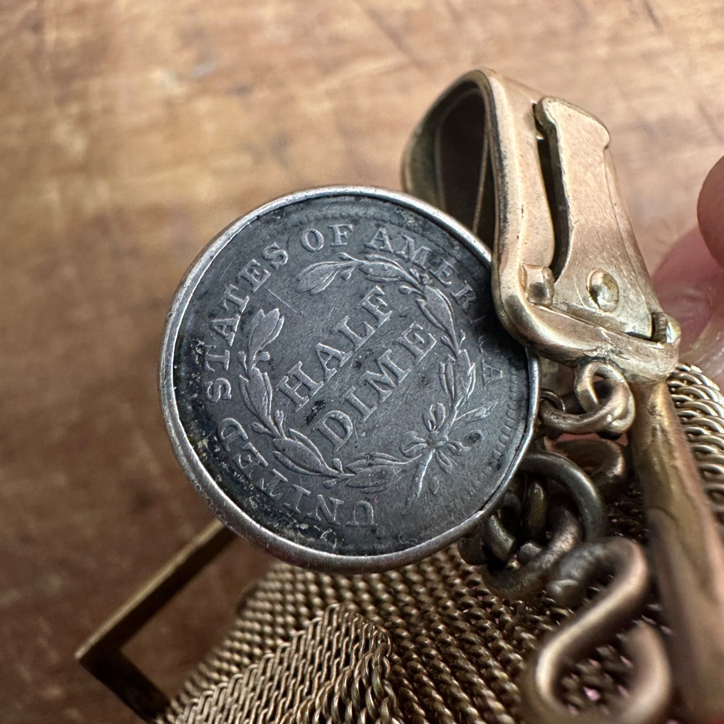 Antique Victorian Mesh Watch Fob Vest Chain w/ 1856 Half Dime Gold-Filled?