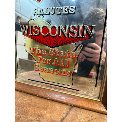 Vintage Stroh's Beer Wood Framed Bar Pub Mirror Advertising Sign Salutes Wisconsin