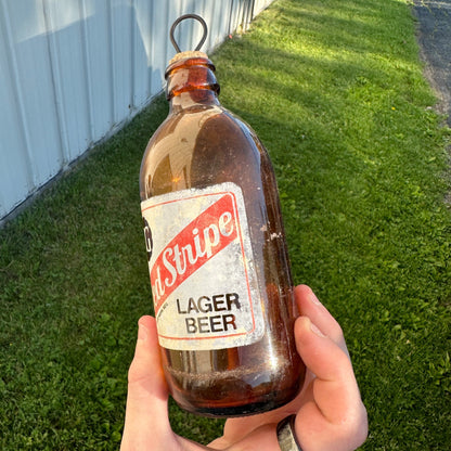 Vintage 1940s Red Stripe Lager Beer ACL Amber Brown Bottle Jamaica WIs Wisconsin