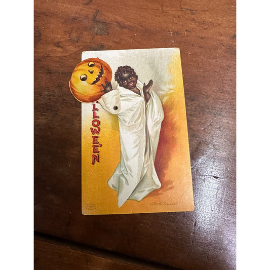 Vintage 1900s Halloween Ellen Clapsaddle Mechanical Postcard Child w/ JOL Mask