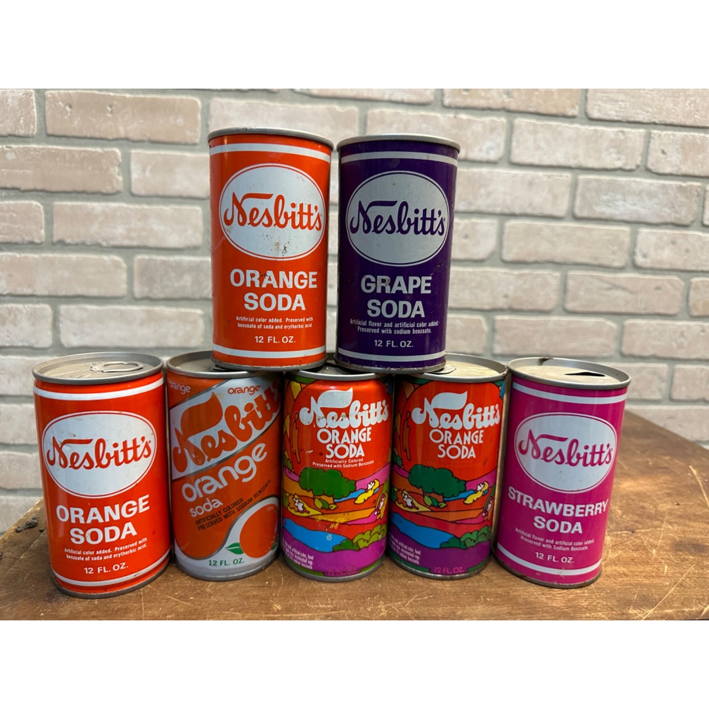 Vintage Nesbitt's Soda Pop Cans (7) Grape Orange Strawberry Steel Pull Tab Flat