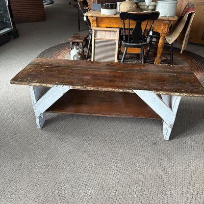 Antique Primitive Wooden White Bench Stool Planter Table
