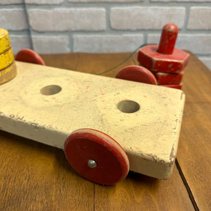 VINTAGE PLAYSKOOL CLASSIC PULL BEHIND TOY - WOODEN WAGON W WOOD SHAPES & DOWELS