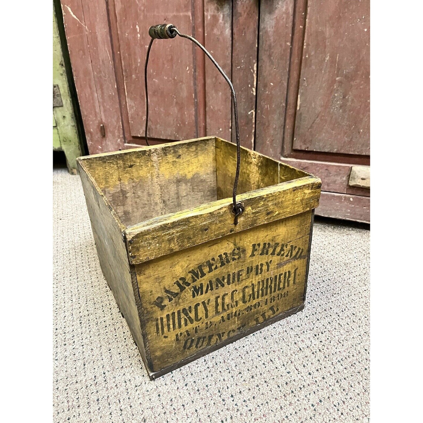 Antique Primitive Wooden Egg Crate Shoe Advertising Mustard Yellow Ripon Wis