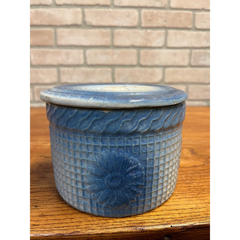 Antique Hull Stoneware Butter Crock Daisy Waffle Trellis Pattern Primitive