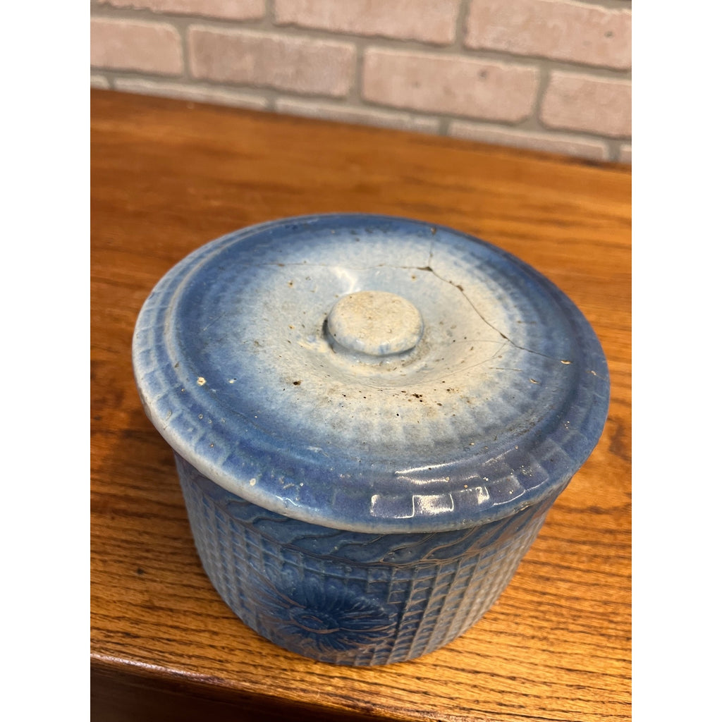 Antique Hull Stoneware Butter Crock Daisy Waffle Trellis Pattern Primitive