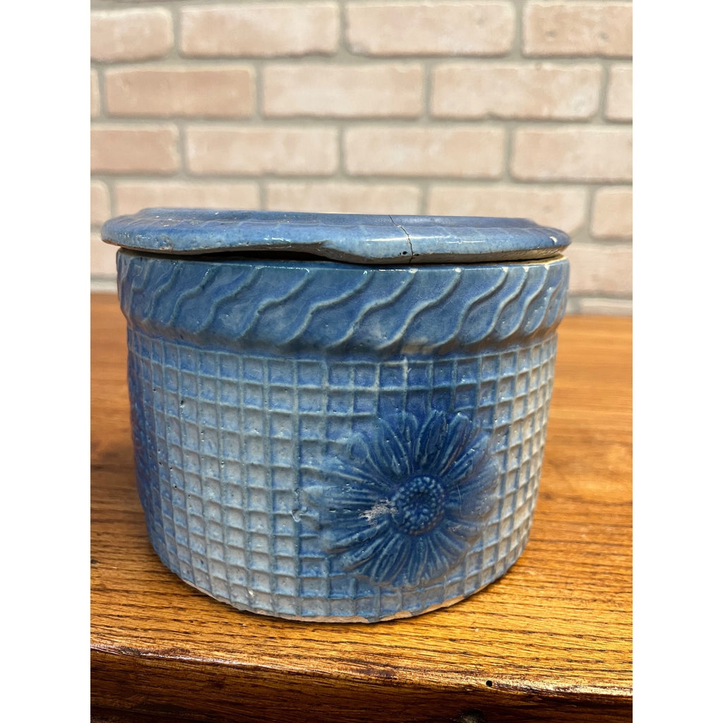 Antique Hull Stoneware Butter Crock Daisy Waffle Trellis Pattern Primitive